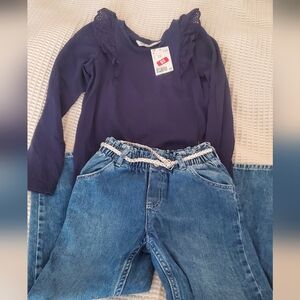 H&M Kids Deep Blue Tee & Blue Denim Jeans With Silver Buckle
